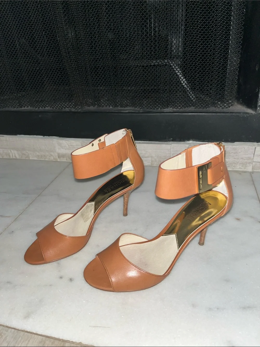 Michael Kors Tan Leather Open-Toe Ankle-Strap Heels